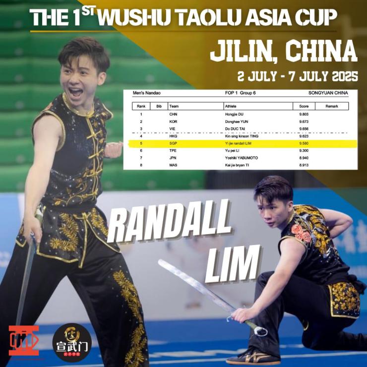 Randall Lim recently took part in the 1st Wushu Taolu Asian Cup held in Jilin, China, representing Singapore alongside athletes from across Asia.